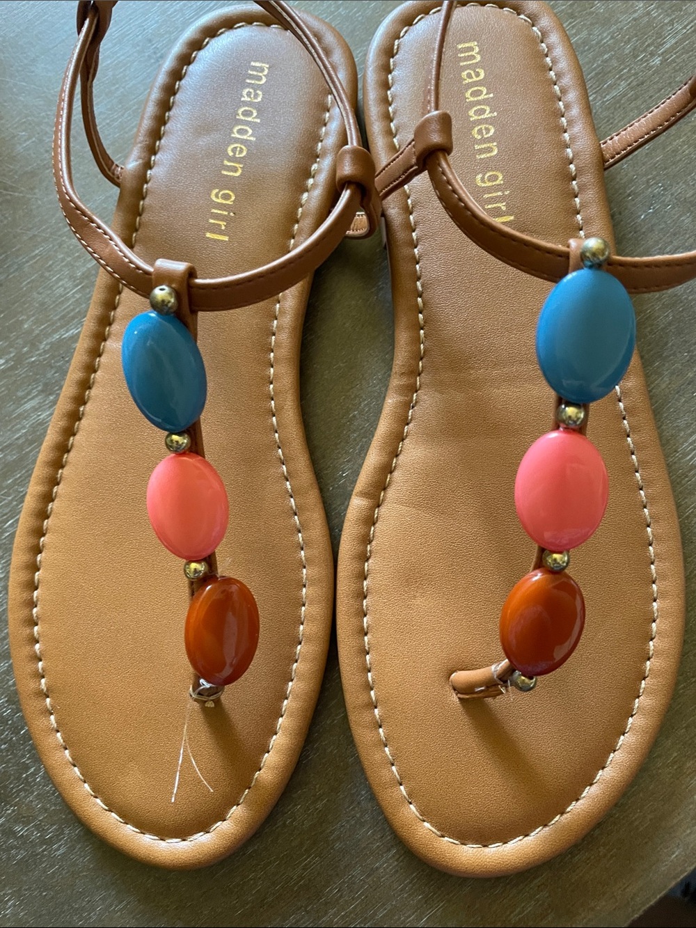 Madden Girl Brown T-Strap Sandals with Blue, Pink & Orange Beads